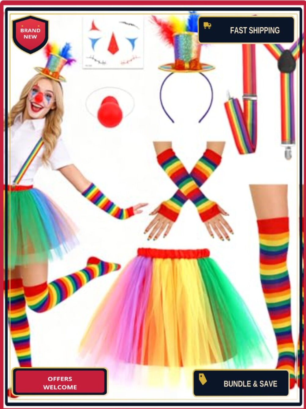 7pc Clown Costume Set Rainbow Tutu Nose Stickers Feather Headband Socks Gloves